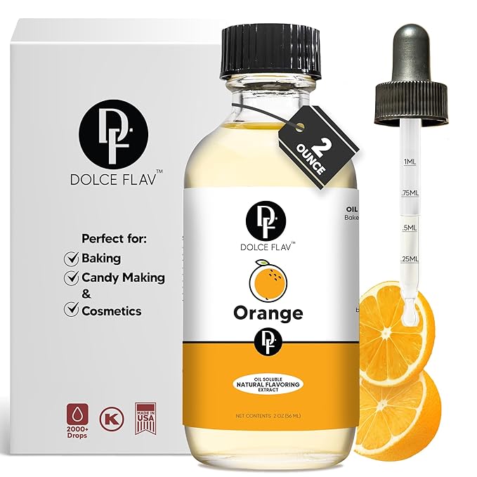 Dolce Flav Natural Orange Extract – 2 Ounce Oil-Soluble Kosher, Sugar-Free, Concentrated Citrus Flavor for Candy, Chocolates & Desserts, Includes Measured Dropper