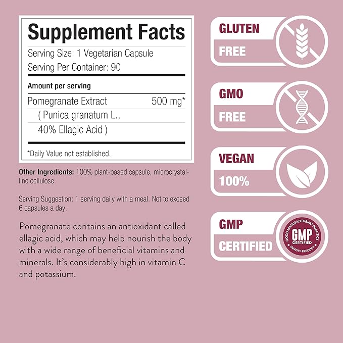 Nature Restore Pomegranate Seed Extract Supplement, Standardized to 40 Percent Ellagic Acid, Non GMO, Gluten Free, 90 Capsules, Manufactured in USA