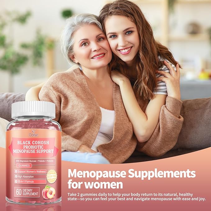 Black Cohosh Menopause and Menstrual Gummies with Magnesium, Vitamin E, Probiotic & Prebiotic - Hot Flashes* and Night Sweats* Relief Supplements - Vegan, Peach Flavored, 60 Counts