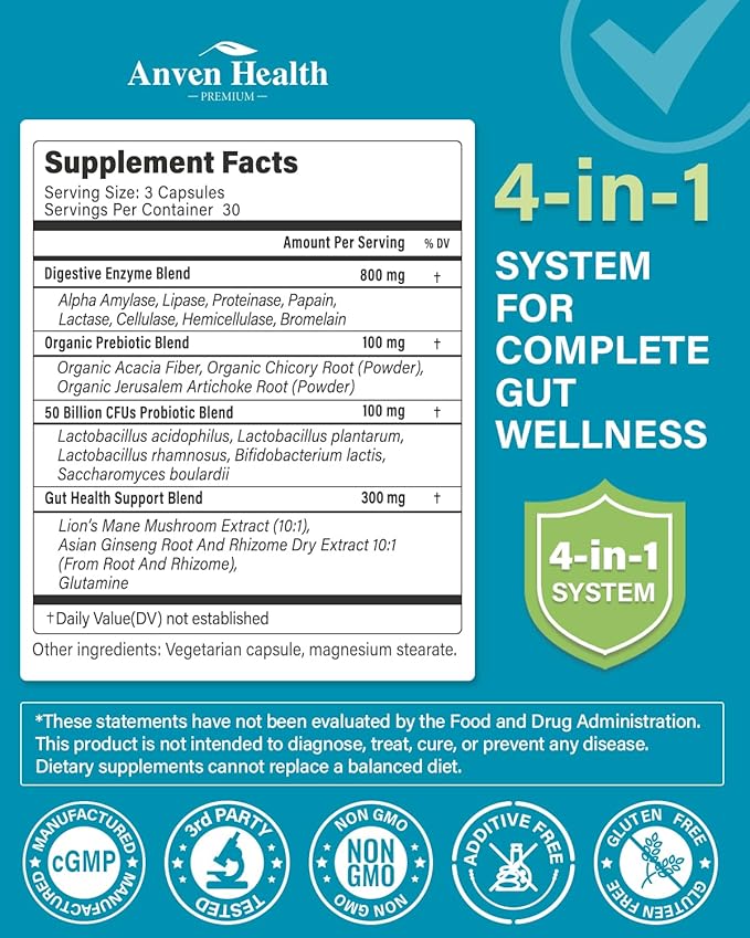 800mg Digestive Enzymes for Men and Women with Probiotics & Organic Prebiotics, 8 Key Enzymes, Protease, Amylase & Lipase for Bloating, Gas Relief, Non-GMO | 90 Capsules