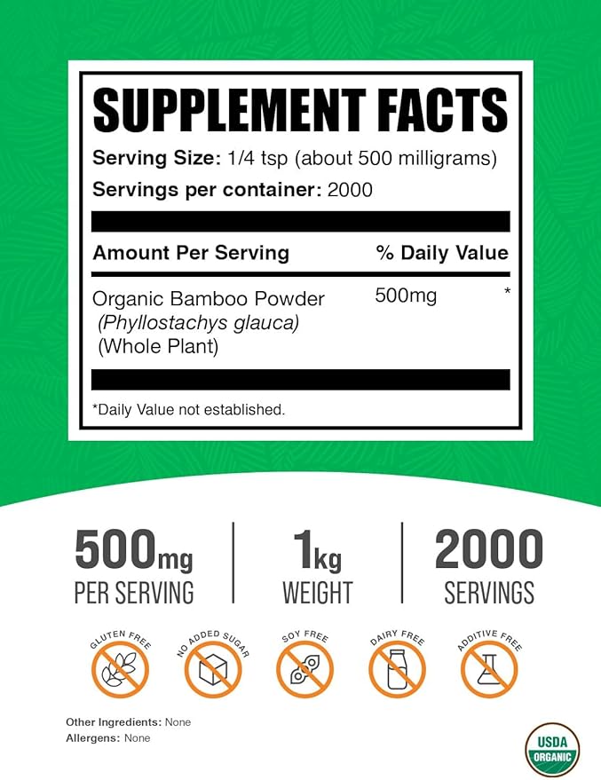 BulkSupplements.com Organic Bamboo Powder - Bamboo Powder Organic - Silica Supplement, Gluten Free - 500mg per Serving, 1kg (2.2 lbs) (Pack of 1)