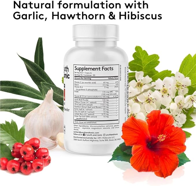 Youth & Tonic Natural Blood Pressure Support Supplement w/Hawthorn Hibiscus & High Potency Diuretic Herbs & Vitamins for Water Retention | 30 BP Capsules to Maintain a Good Health | Women & Men
