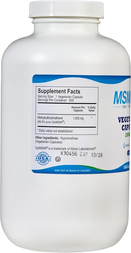 KALA HEALTH MSMPure MSM Vegetarian Capsules – 1,000 mg US-Made MSM per Capsule for Joint Health, Skin Appearance, Hair & Nail Support – 500 Count, Organic Sulfur