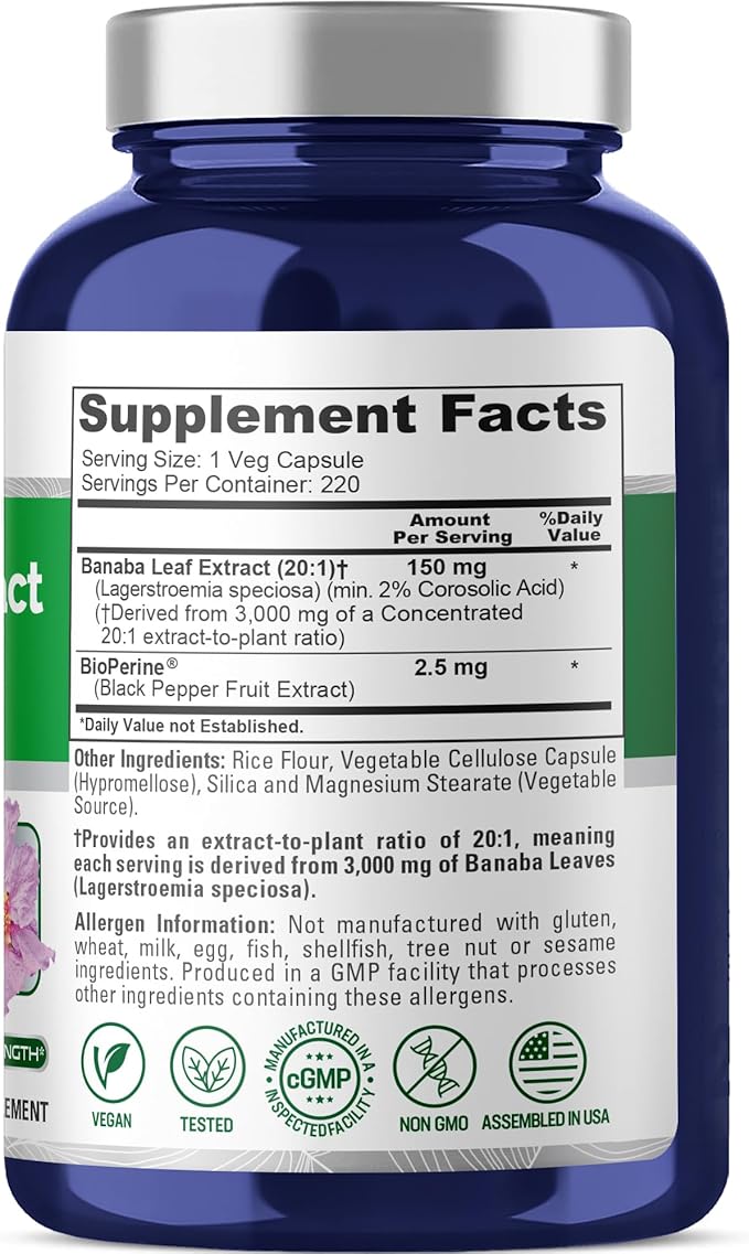 NusaPure Banaba Leaf 20:1 Extract, 150 mg Equivalent to 3,000mg Veg Caps, 220 Days Supply (Non-GMO & Vegan) 2% Corosolic Acid