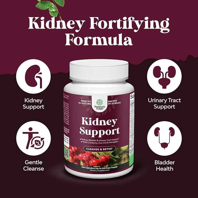 Advanced Kidney Support Supplement - Kidney Cleanse Detox & Repair Cranberry Extract Capsules with Uva Ursi, Stinging Nettle & Astragalus for Kidney Health - Urinary Tract Health - 240 Caps