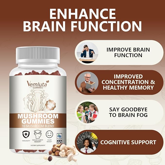 2 Packs 5000MG Mushroom Gummies -10 Blend Organic Mushroom Supplement containing Lion's Mane and Reishi for Brain and Immune Boosting, Blueberry Flavor, Non-GMO, 120 Counts