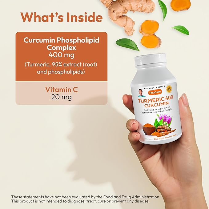 ANDREW LESSMAN Turmeric 400mg - 60 Capsules - 95% Curcuminoids as Phospholipid Complex for Optimum Benefits and Absorption, High Potency Standardized Extract, Small Easy to Swallow Capsules