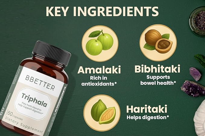 BBETTER Triphala – Ayurvedic Herbal Supplement with Amla, Haritaki & Bibhitaki for Occasional Constipation & Bloating – Supports Digestion, Healthy Bowel Function, Colon Cleanse & Detox - 120 Capsules