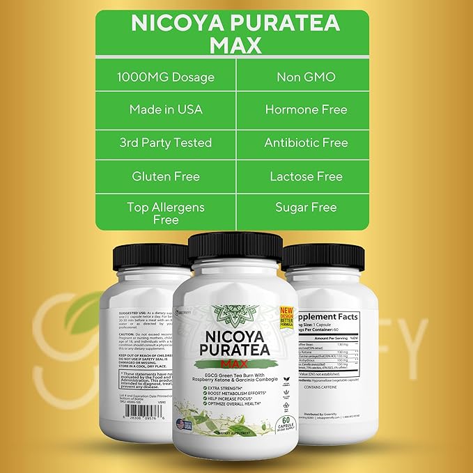 Nicoya PuraTea Max Green Tea Extract & Green Coffee Bean for Metabolism Support, Natural Energy Boost, Antioxidant-Rich Supplement – 180 Capsules