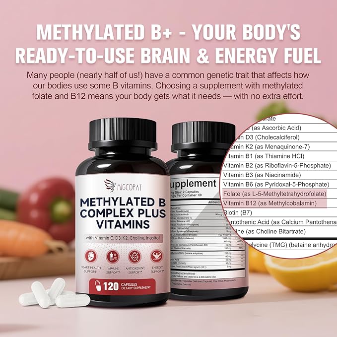 16-in-1 Methylated Multivitamin Plus, Methylated B Complex with Vitamin B12 & Methylfolate, B1-B7, CoQ10 & Alpha Lipoic Acid, Vitamin B Complex for Energy, Brain, Heart, Immunity &Antioxidant,120 Caps