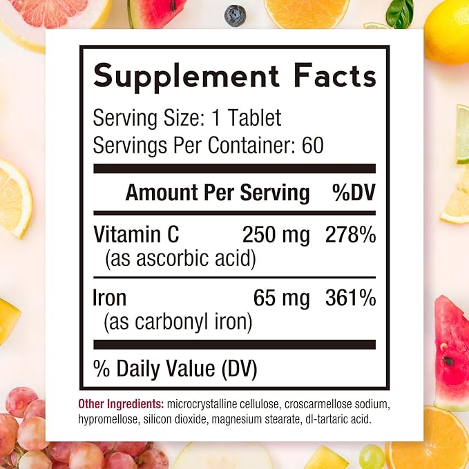 Doctor's Recipes Iron Supplement 65 mg with Vitamin C - Maximized Absorption, Stomach Friendly & High Potency Iron Pills for Red Blood Cells Formation & Immunity Health - Vegan Non-GMO 60 Iron Tablets