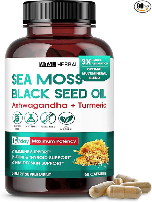 Sea Moss with Black Seed Oil, Ashwagandha, Turmeric & Moringa – Immune, Joint & Skin Support Supplement – 60 Capsules – Vital Herbal – Lab-Tested, Non-GMO, Made in USA