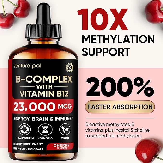 Venture Pal 11-in-1 Vitamin B Complex Liquid Drops, B12 Methylcobalamin | B9 Folic | B1,B2,B3,B5,B6,B7 - Vitamin C, Choline, Inositol, Immune & Energy Metabolism, Brain & Heart Support