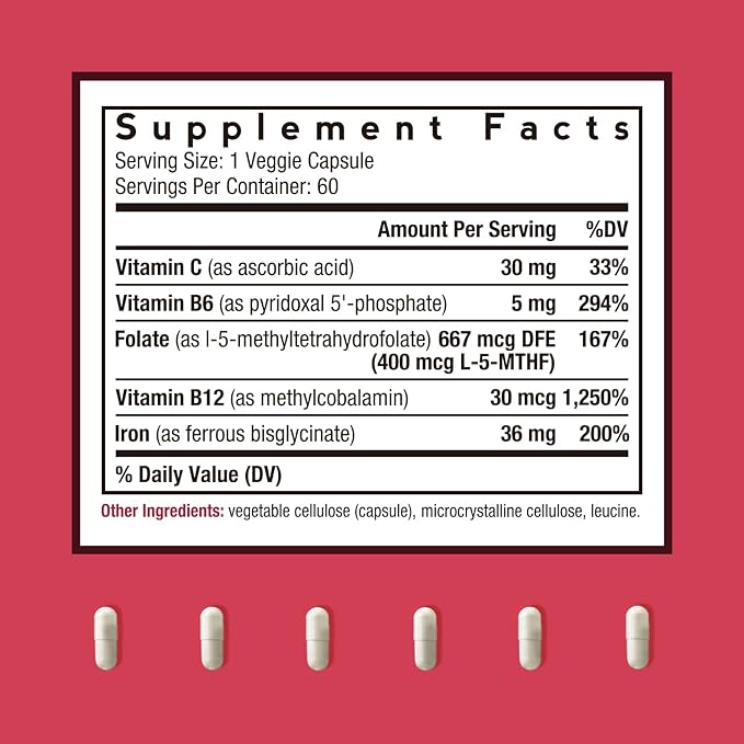 Doctor's Recipes Iron Supplement, Iron Bisglycinate with Vitamin C, B6, Folate & B12, Non-Constipating, Stomach Friendly, Gentle Iron Pills for Iron Deficiency, Blood & Energy Support, 60 Vegan Caps