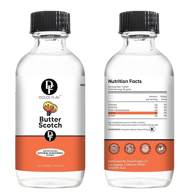 Dolce Flav Natural Butterscotch Extract 2 oz – Kosher, Sugar-Free, Concentrated Rich Butterscotch Flavoring for Baking, Beverages & Desserts, Includes Measured Dropper