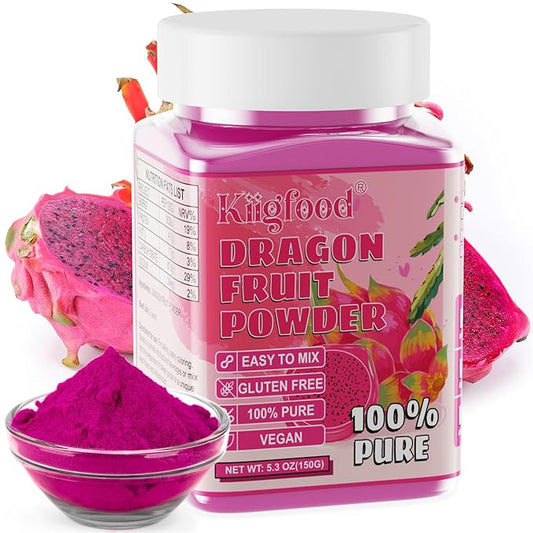 Dragon Fruit Powder - Kiigfood 5.3 oz/150g Natural Fruit Powder, Freeze-Dried Pink Pitaya Powder for Dragon Fruit Syrup, Drink, Baking, Smoothies, Cocktail, Food Coloring - Vegan, Non-GMO, Gluten-Free