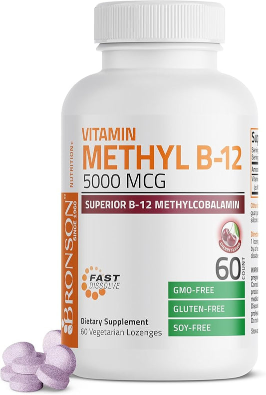 Bronson Methyl B12 5000 mcg Vitamin B12 Methylcobalamin Energy & Brain Support 60 Lozenges