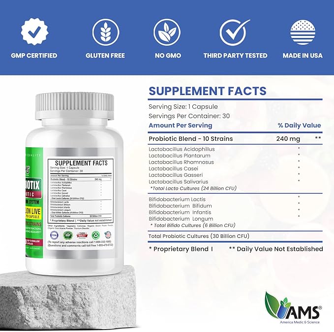 America Medic & Science Florabiotix Probiotic (30 Capsules) | Dietary Supplement for Men and Women| 30 Billion Live Cultures | 10 Probiotic Strains | Supports Digestive and Immune Health