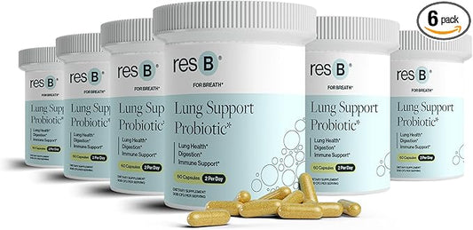 resB Lung Support Probiotic Supplement - Lung Health Supplement for Smokers, Gut Health, Immune Support, Respiratory Care, Holy Basil, Turmeric, Clinically Trialed - 360 Capsules (6 Bottles)