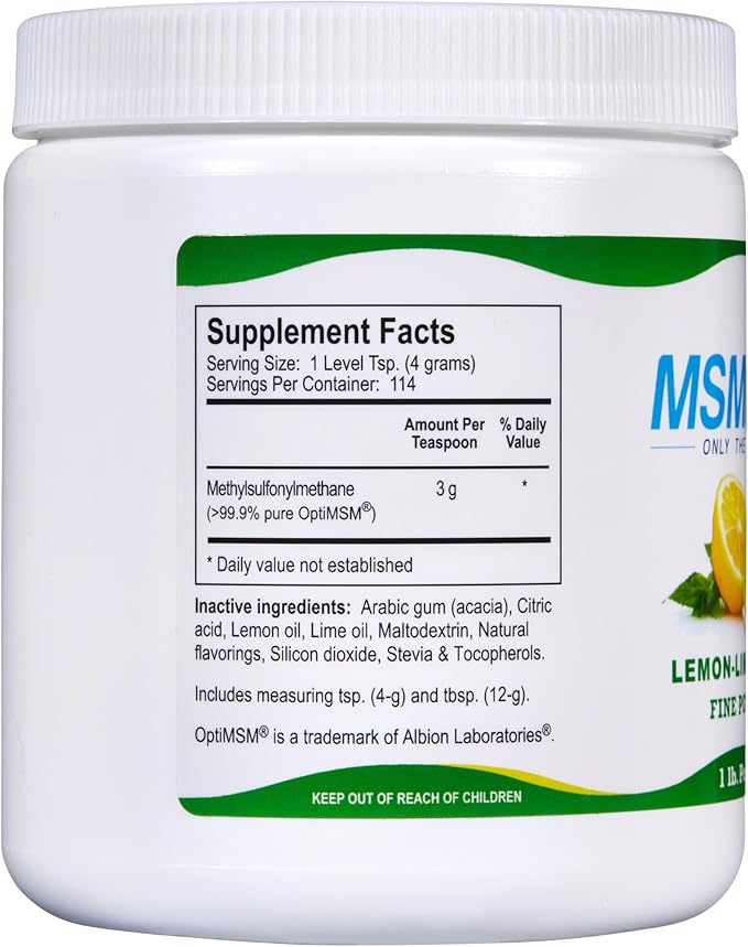KALA HEALTH MSMPure Fast Dissolving Lemon Lime Flavored Fine MSM Powder Crystals – US-Made MSM for Joint Health, Skin Appearance, and Hair & Nail Support – 1 lb, Organic Sulfur