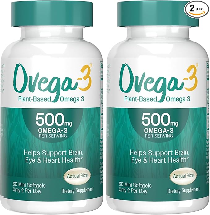 OVEGA-3 Plant-Based Omega-3 from Algal Oil Daily Supplement, 500mg, Supports Brain, Eye & Heart Health, Two Mini softgels per Day, 60 Count (Pack of 2)