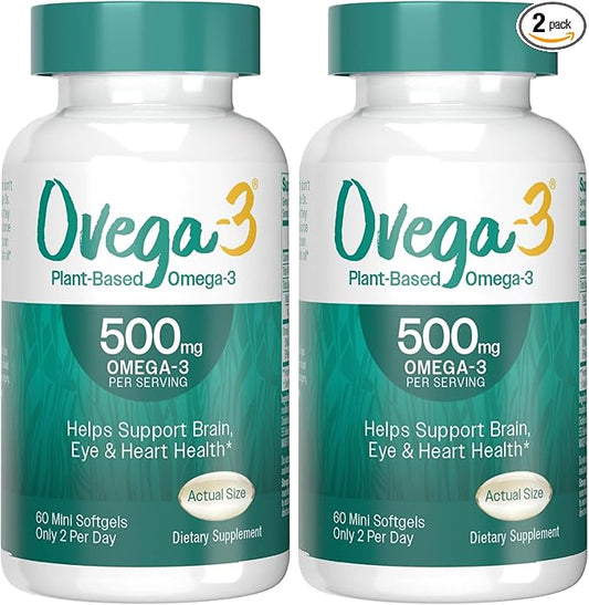 OVEGA-3 Plant-Based Omega-3 from Algal Oil Daily Supplement, 500mg, Supports Brain, Eye & Heart Health, Two Mini softgels per Day, 60 Count (Pack of 2)