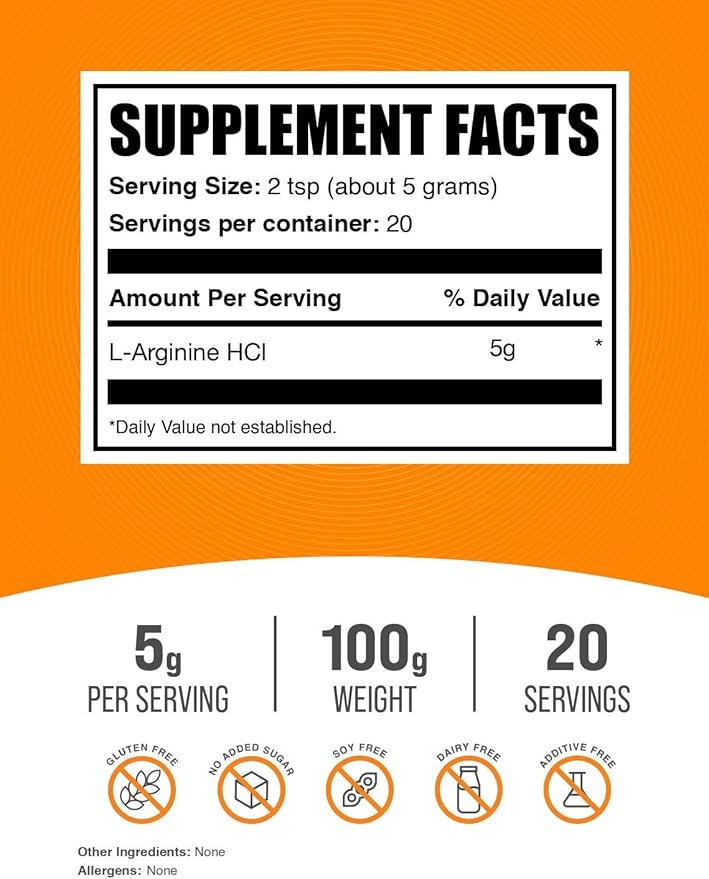 BulkSupplements.com L-Arginine HCl Powder - Nitric Oxide Supplement, Arginine Powder - Unflavored & Gluten Free, 5g per Serving, 100g (3.5 oz) (Pack of 1)