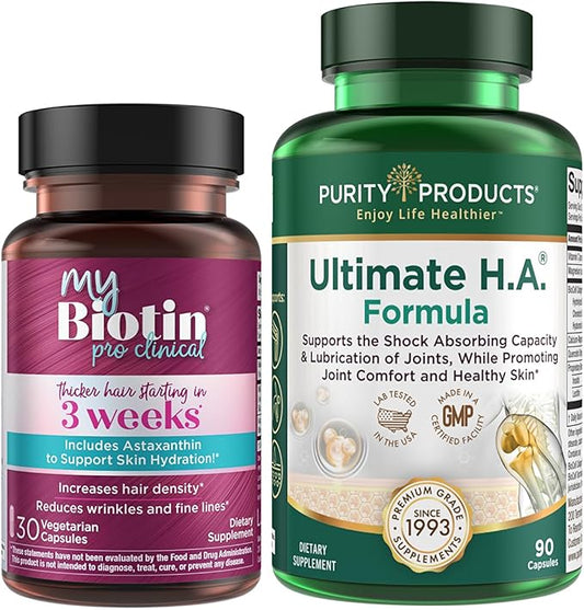 Purity Products Bundle - MyBiotin ProClinical + Ultimate H.A MyBiotin ProClinical (Biotin, MB40X Matrix, Astaxanthin) - Ultimate H.A. (BioCell Collagen, Quercetin, Hyaluronic Acid +More)