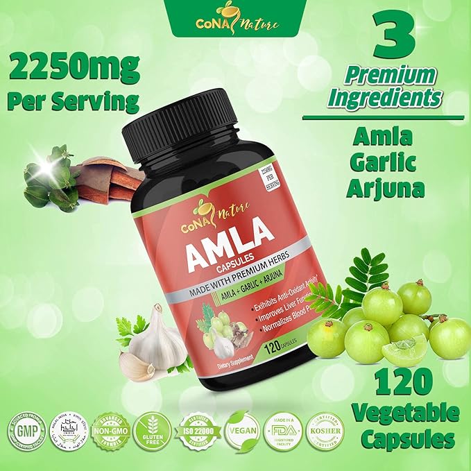 Organic Amla Capsules 2250mg & Arjuna, Garlic |Natural Vitamin C Supplements, High Antioxidants, Rejuvenator |Supports Immunity, Energy Booster |Gluten Free Vegan India Amalaki Extract Fruit, 120 Caps