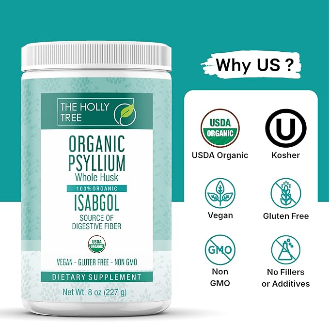 Psyllium Husk Powder Organic 8 oz - Isabgol - Whole Psyllium Husk Fiber Supplement for Digestive Health & Regularity - Gluten-Free, USDA Organic, Kosher