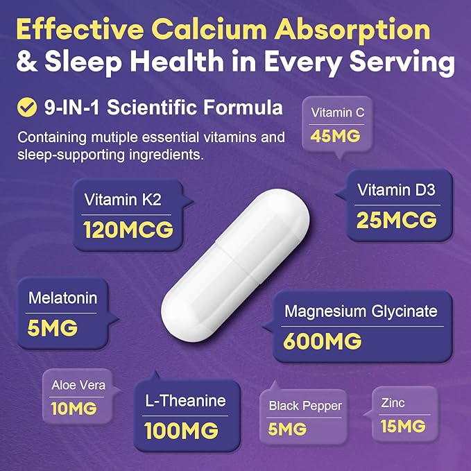 Magnesium Glycinate 600mg Vitamin D3 K2 Supplement with Zinc, L-Theanine & Melatonin - Bone Support, Energy & Mood Manage, Sleep Health for Men & Women, Non-GMO, Vegan, 120 Capsules