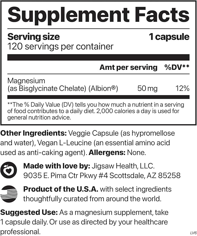 Jigsaw Health MagPure Glycinate | Premium Magnesium Glycinate Capsules | 120 Servings