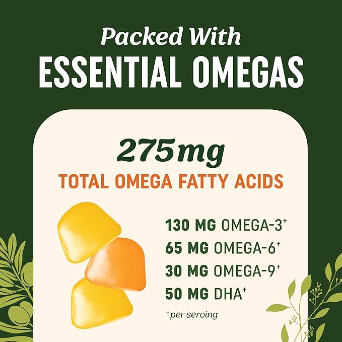 Omega 3 6 9 + DHA Gummies | Plant-Based Triple Omegas from Algae, Flaxseed & Safflower Oil | 50mg of DHA | Vegetarian, Non-GMO, Gluten-Free, Essential Fatty Acid Supplements for Adults | 60 Gummies