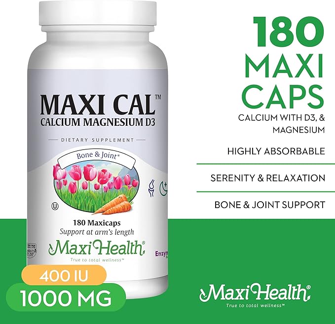 Calcium 1000 mg Supplement with Vitamin D3 (1000 IU) and Magnesium (500 mg) - Bone, Teeth and Joint Support for Men and Women - 180 Capsules - Maxi Cal by Maxi Health