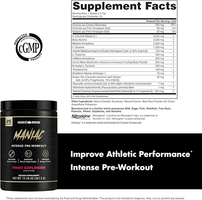 Anabolic Warfare Black Series Maniac, Pre-Workout Powder, Supports Nitric Oxide, Muscle Pumps, and Protein Synthesis* Fruit Explosion