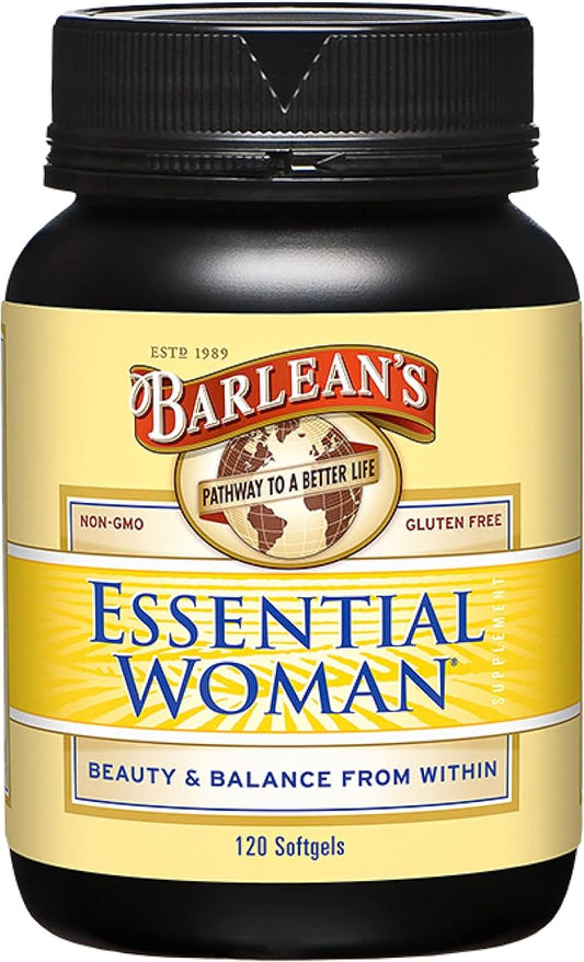 Barlean's Essential Woman Supplement Capsules, Women's Flaxseed and Evening Primrose Oil for Hormone Balance, Omega 3 6 9 and GLA Acid, 120 Count