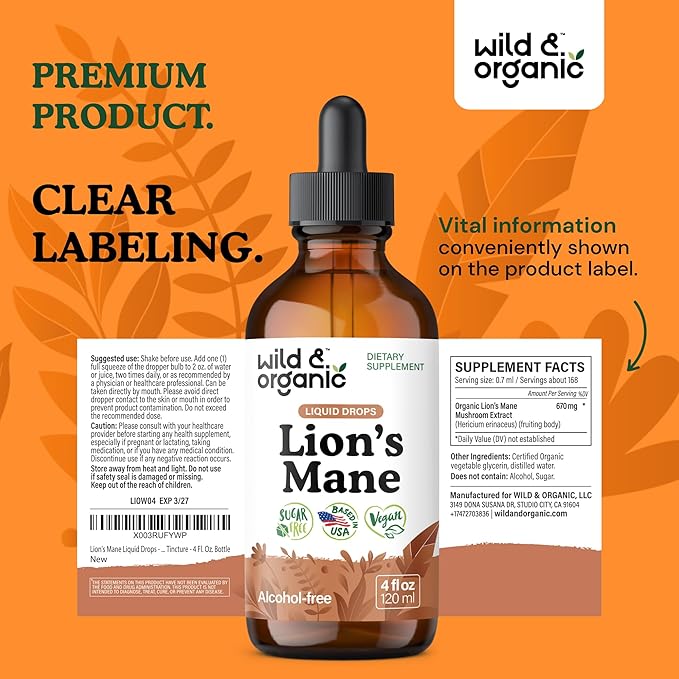 Wild & Organic Lions Mane Liquid Drops - Brain & Focus Support - Lion's Mane Mushroom Supplement - Hericium Erinaceus Mushroom Drops - Vegan, Sugar & Alcohol-Free Extract Tincture - 4 fl oz