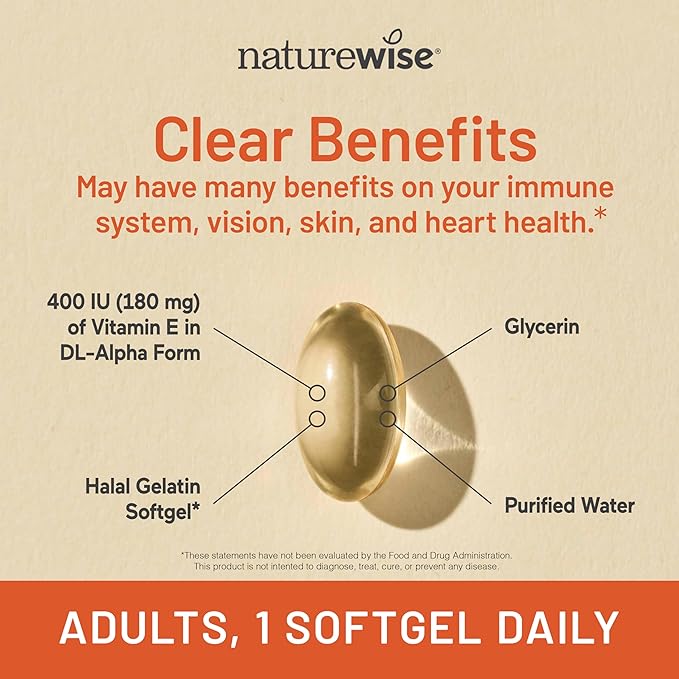 NatureWise Vitamin E 400 IU Softgels (180mg DL-Alpha) - Dairy, Gluten & Soy Free - Antioxidant-Rich Dietary Supplement for Skin, Heart, and Immune Health Support - 4-Month Supply, 120 Count
