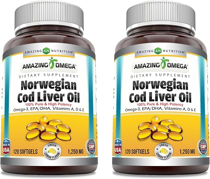 Amazing Omega Norwegian Cod Liver Oil 1250 Mg Softgels Supplement | Omega-3, EPA, DHA, Vitamin A, Vitamin D & Vitamin E (Lemon | 120 Count | 2 Pack)