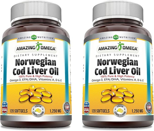Amazing Omega Norwegian Cod Liver Oil 1250 Mg Softgels Supplement | Omega-3, EPA, DHA, Vitamin A, Vitamin D & Vitamin E (Lemon | 120 Count | 2 Pack)