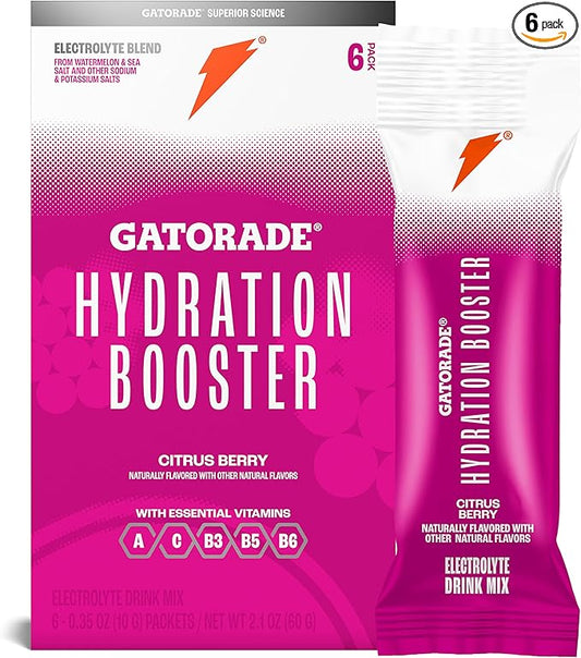 Gatorade Hydration Booster Electrolyte Drink Mix Powder Packets, Citrus Berry, Advanced Electrolyte Blend, No Added Colors, No Artificial Sweeteners, Essential Vitamins A, C, B3, B5, B6, Makes 20 Fl Oz, (6 Pack)