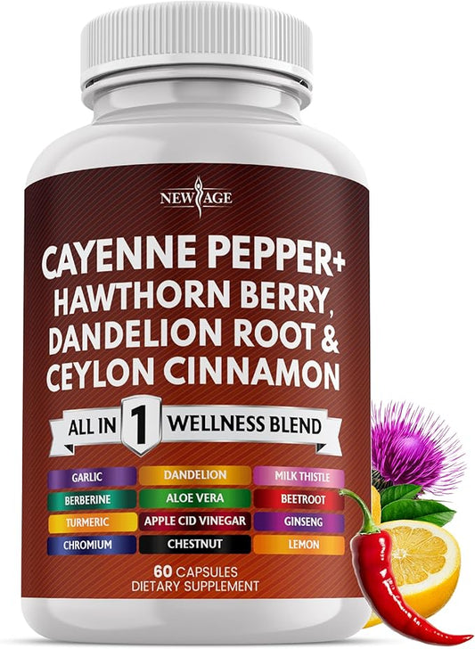 NEW AGE Cayenne Pepper Capsules Supplement with Hawthorn Berry, Dandelion Root, Ceylon Cinnamon, Garlic, Ginger, ACV, Milk Thistle, Beet Root, Aloe Vera - 60 Count