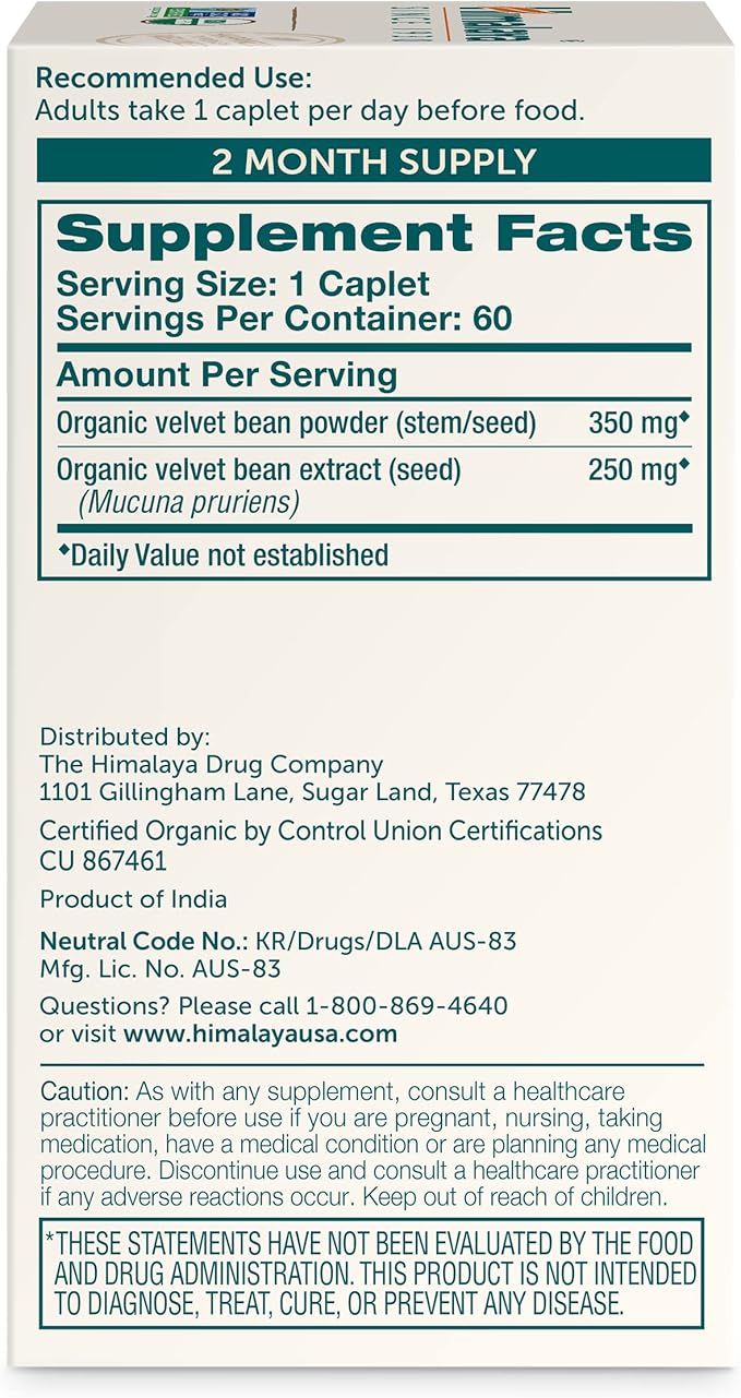 Himalaya Organic Mucuna/Pruriens Herbal Supplement, Supports Relaxation, Tension Relief, Brain Function, Non-GMO, USDA Organic, Vegan, Gluten Free, 600 mg, 60 Plant-Caplets, 60 Day Supply
