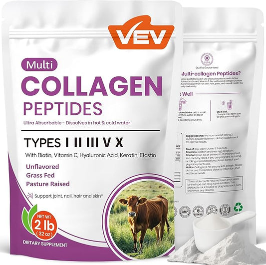 VEV Multi Collagen Peptides Powder Complex (I, II, III, V, X) 2LB – No Flavor, Hydrolyzed Protein Peptides, Elastin, Keratin