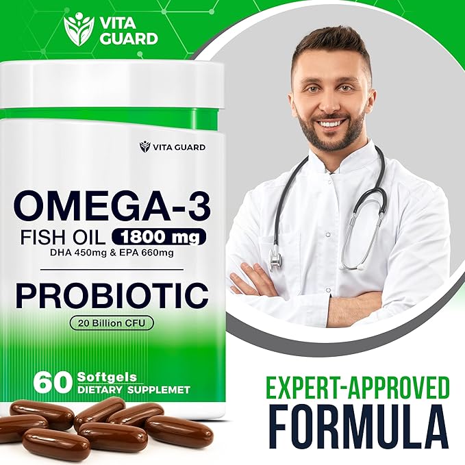 Omega-3 Fish Oil with Probiotics – 1800mg Fish Oil, 660mg EPA, 450mg DHA – Heart, Brain & Gut Support – 20 Billion CFU – Lemon-Flavored Burpless Softgels – Non-GMO, Gluten-Free