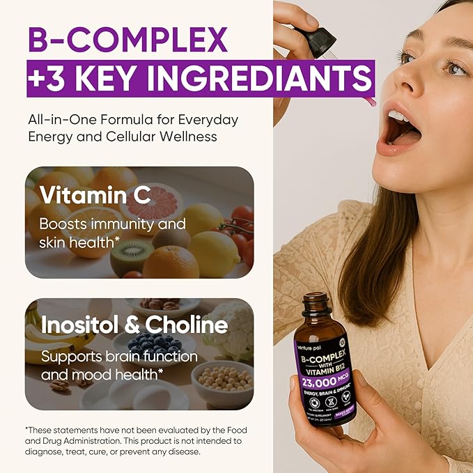 Venture Pal 11-in-1 Vitamin B Complex Liquid Drops, B12 Methylcobalamin | B9 Folic | B1,B2,B3,B5,B6,B7 - Vitamin C, Choline, Inositol, Immune & Energy Metabolism, Brain & Heart Support