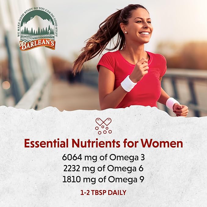 Barlean's Essential Woman Liquid Supplement for Women, Organic Flaxseed and Evening Primrose Oil for Healthy Hair, Nails and Skin, Omega 3 6 9 and GLA, 12 oz