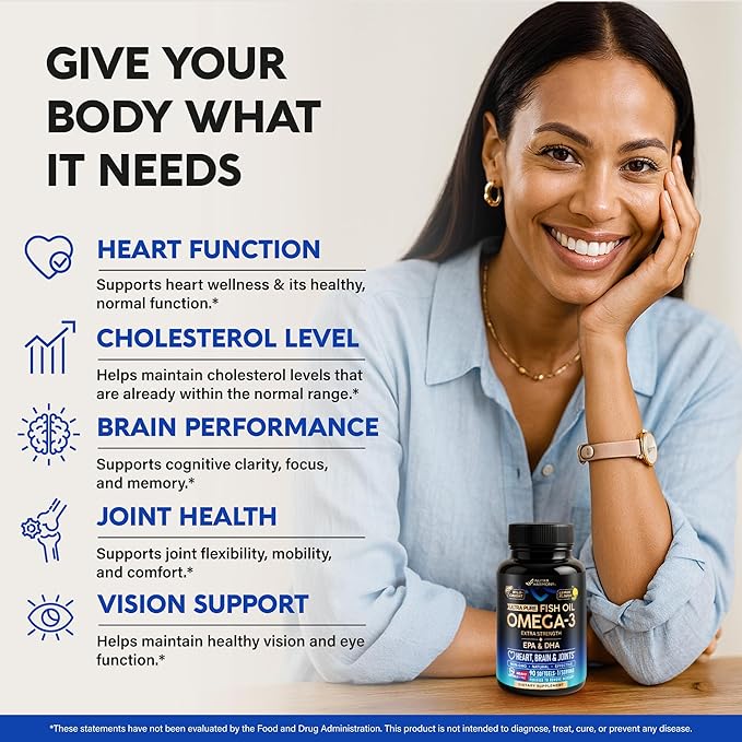 Omega 3 Fish Oil 3600 mg - Omega 3 Supplement | EPA & DHA - Heavy Metals Free - Heart, Brain & Joint Support - Purified Fish Oil for Men & Women - Burpless, Lemon Flavored - Made in USA, 120 Softgels