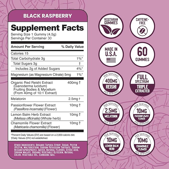 Troomy Sleep Reishi + Melatonin Great Tasting Mushroom Gummies - Supports Restful Sleep - Black Raspberry - 30 Count