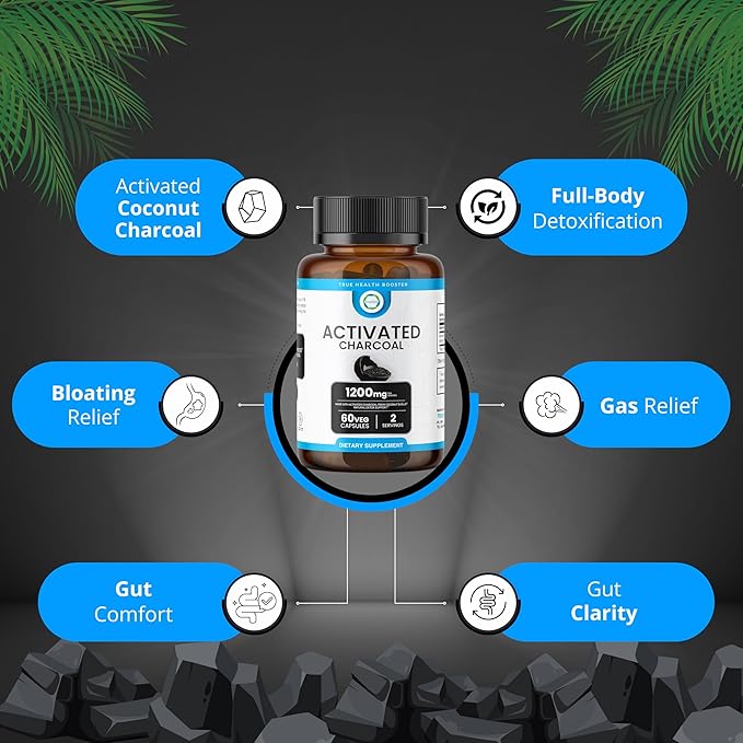 Activated Charcoal Capsules 1200 MG, 60 Veg Caps, 30-Days Premium Detox & Digestive Support, Gas & Bloating Relief, Organic Coconut Shell Charcoal, Gut Health, USA Made.